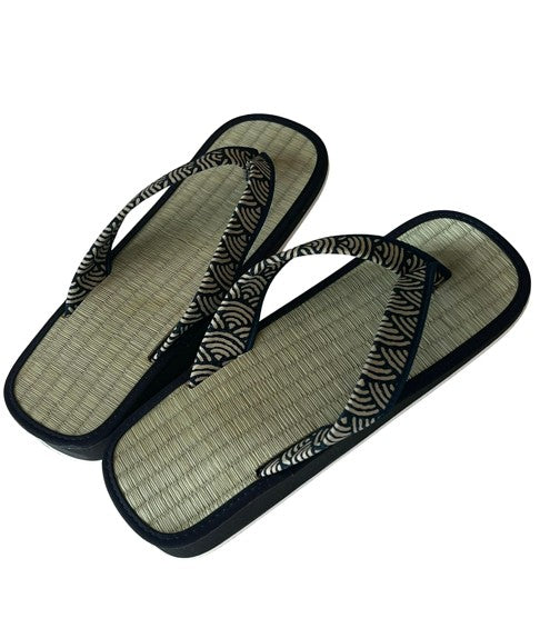 Japanese Men’s Setta Sandals – Tatami Igusa Rush Sandals with Indigo Seigaiha Wave Straps, Size XL