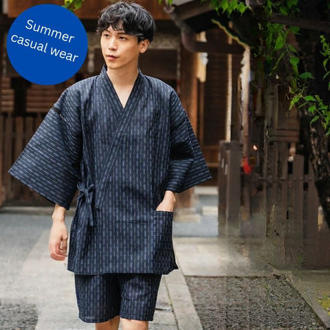 Japanese Men's Jinbei Set – Deep Navy with Blue Double Stripe | Traditional Japanese Summer Wear