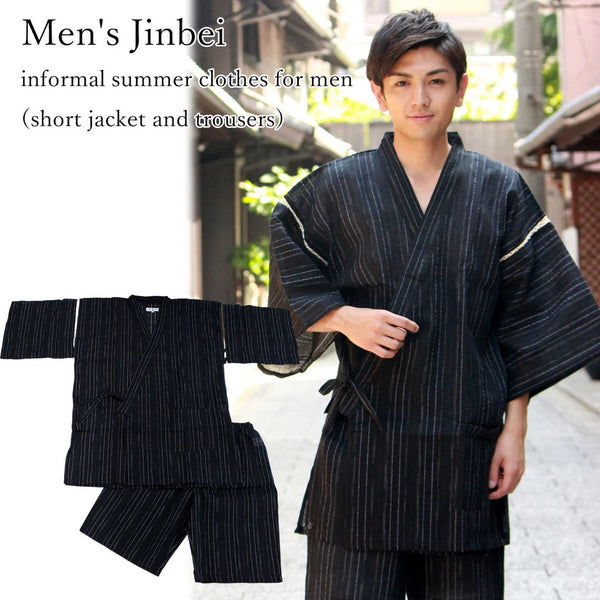 Japanese Men's Jinbei Set – Deep Navy Stripe Cotton Linen, Size 3XL | Traditional Japanese Summer Wear