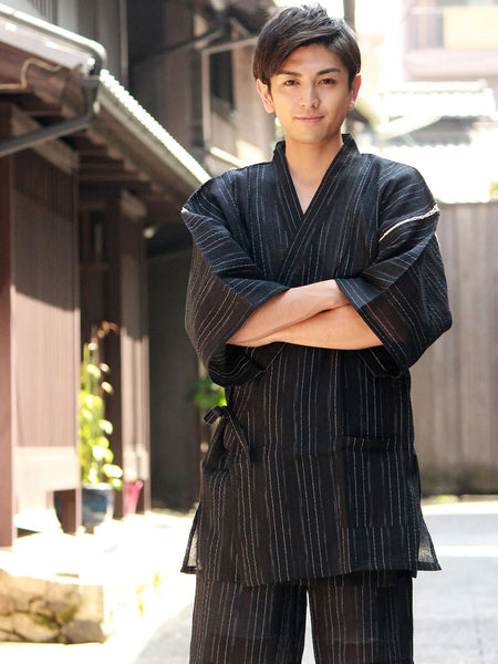 Japanese Men's Jinbei Set – Deep Navy Stripe Cotton Linen, Size 3XL | Traditional Japanese Summer Wear