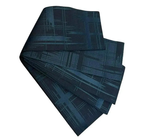 Japanese Men’s Reversible Kaku Obi Belt – Navy & Blue Geometric Pattern, Size: Free – Traditional Kimono Accessory