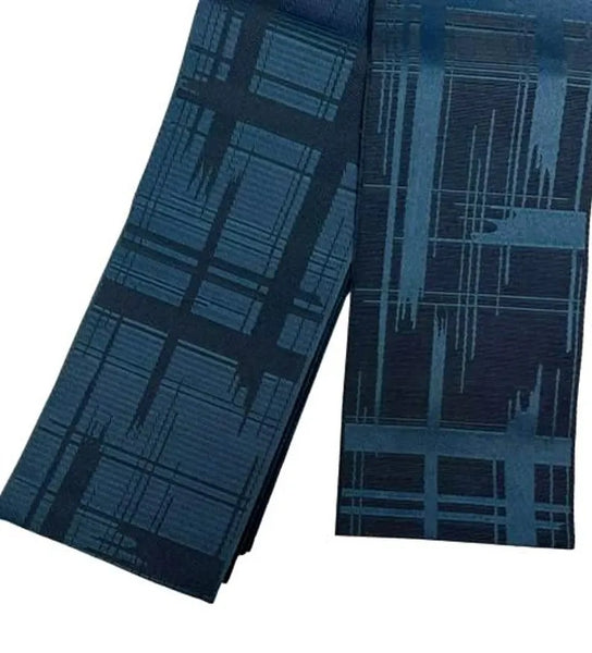Japanese Men’s Reversible Kaku Obi Belt – Navy & Blue Geometric Pattern, Size: Free – Traditional Kimono Accessory