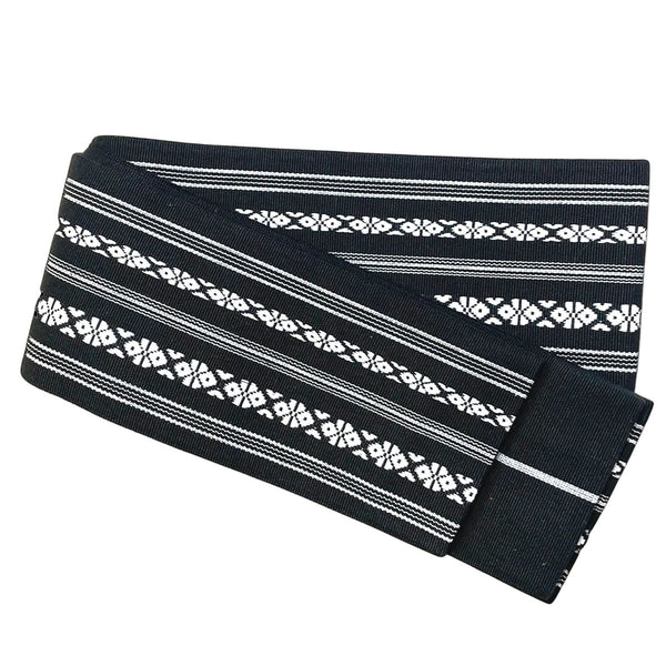 Japanese Men's Reversible Kaku Obi Belt – Deep Navy with White Woven Stripe & Floral Pattern