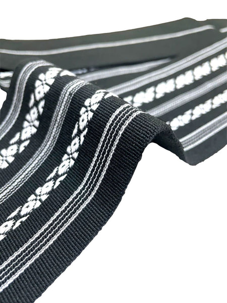Japanese Men's Reversible Kaku Obi Belt – Deep Navy with White Woven Stripe & Floral Pattern
