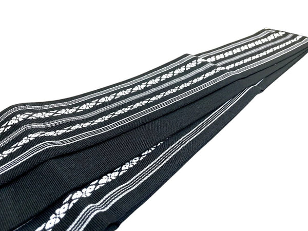 Japanese Men's Reversible Kaku Obi Belt – Deep Navy with White Woven Stripe & Floral Pattern