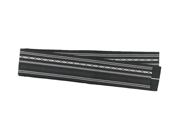 Japanese Men's Reversible Kaku Obi Belt – Deep Navy with White Woven Stripe & Floral Pattern
