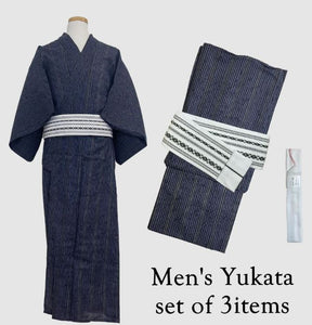 Japanese Traditional Men's YUKATA Full 3pc Set /  Stripe Yukata Size: LL, White obi, Himo String