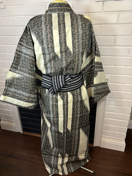 Japanese Traditional Men's YUKATA Full 3pc Set / Size: M-L, Yukata, Obi, Himo String - Varied striped design in dark gray, light gray