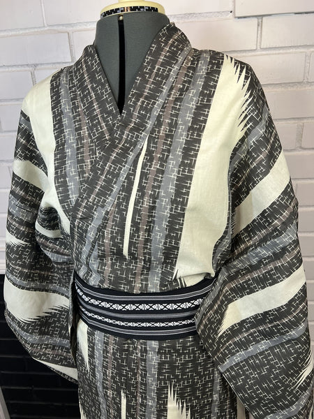 Japanese Traditional Men's YUKATA Full 3pc Set / Size: M-L, Yukata, Obi, Himo String - Varied striped design in dark gray, light gray
