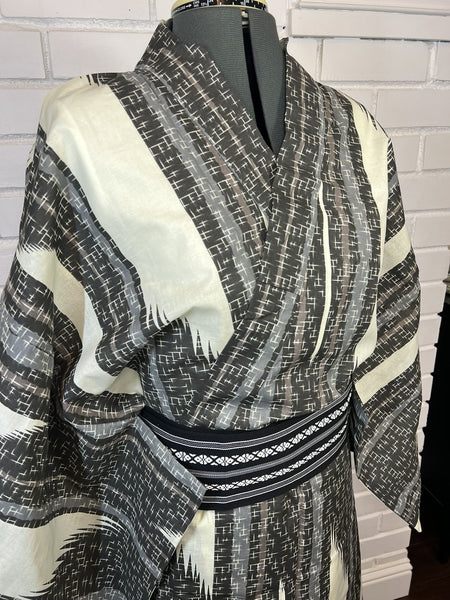 Japanese Traditional Men's YUKATA Full 3pc Set / Size: M-L, Yukata, Obi, Himo String - Varied striped design in dark gray, light gray