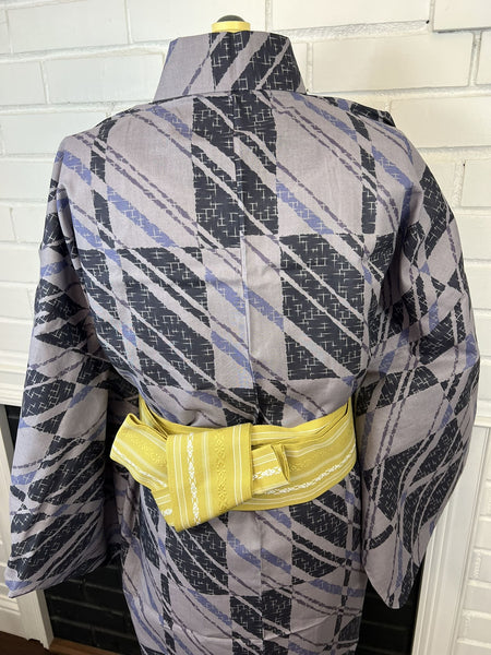 Japanese Traditional Men's YUKATA Full 3pc Set / Size: M-L, Yukata, Obi, Himo String - Gray Striped Yukata Set with Mustard Yellow Obi