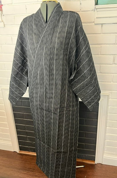 Japanese Men's Yukata 4-Piece Set – Dark Charcoal Stripe with Pre-tied Kaku Obi, Kinchaku Bag & Sensu Fan