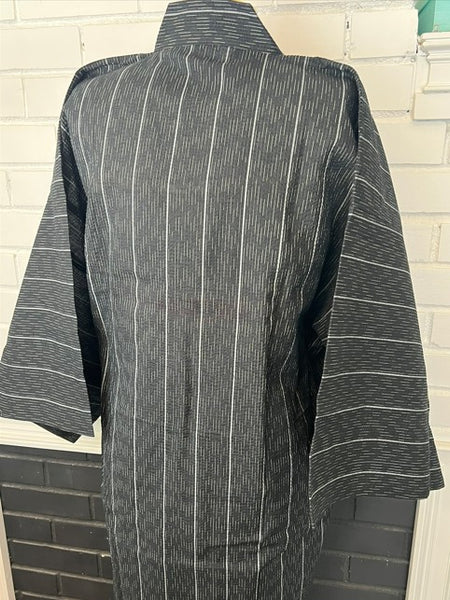 Japanese Men's Yukata 4-Piece Set – Dark Charcoal Stripe with Pre-tied Kaku Obi, Kinchaku Bag & Sensu Fan