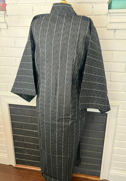 Japanese Men's Yukata 4-Piece Set – Dark Charcoal Stripe with Pre-tied Kaku Obi, Kinchaku Bag & Sensu Fan