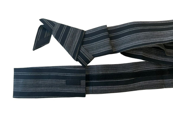 Japanese Men's Yukata 4-Piece Set – Dark Charcoal Stripe with Pre-tied Kaku Obi, Kinchaku Bag & Sensu Fan