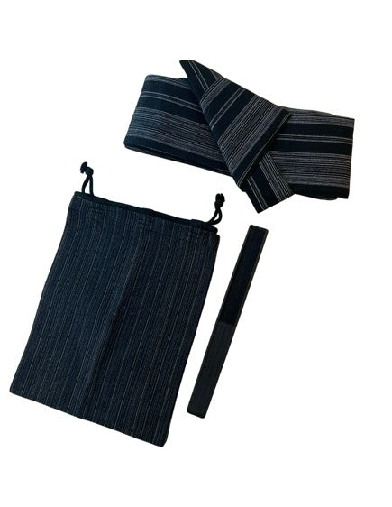Japanese Men's Yukata 4-Piece Set – Dark Charcoal Stripe with Pre-tied Kaku Obi, Kinchaku Bag & Sensu Fan