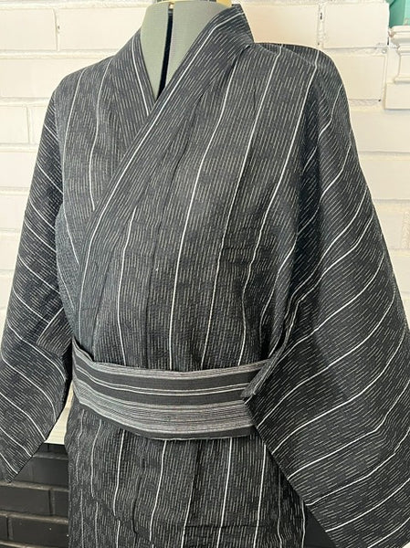 Japanese Men's Yukata 4-Piece Set – Dark Charcoal Stripe with Pre-tied Kaku Obi, Kinchaku Bag & Sensu Fan