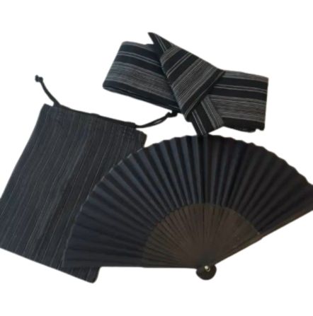 Japanese Men's Yukata 4-Piece Set – Dark Charcoal Stripe with Pre-tied Kaku Obi, Kinchaku Bag & Sensu Fan