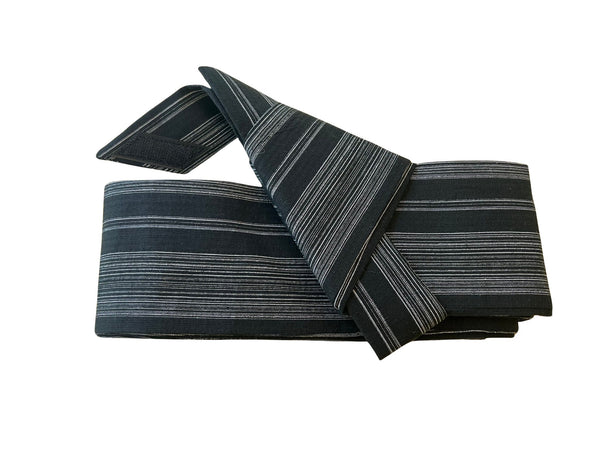 Japanese Men's Yukata 4-Piece Set – Dark Charcoal Stripe with Pre-tied Kaku Obi, Kinchaku Bag & Sensu Fan