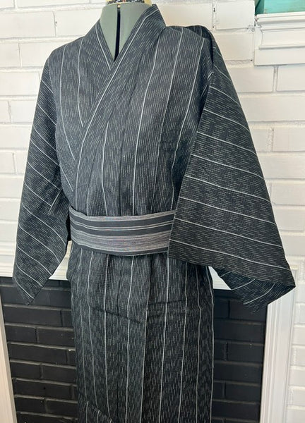 Japanese Men's Yukata 4-Piece Set – Dark Charcoal Stripe with Pre-tied Kaku Obi, Kinchaku Bag & Sensu Fan