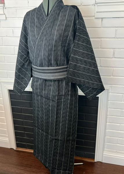 Japanese Men's Yukata 4-Piece Set – Dark Charcoal Stripe with Pre-tied Kaku Obi, Kinchaku Bag & Sensu Fan