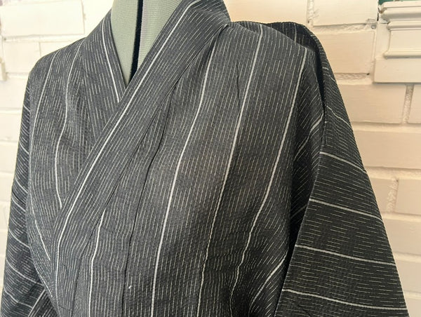 Japanese Men's Yukata 4-Piece Set – Dark Charcoal Stripe with Pre-tied Kaku Obi, Kinchaku Bag & Sensu Fan