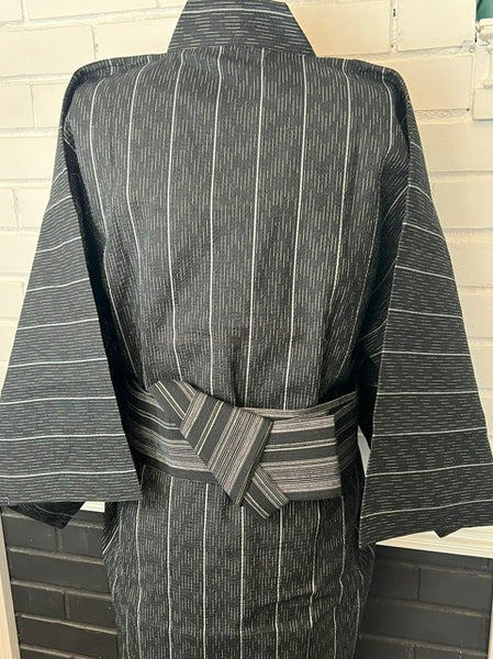Japanese Men's Yukata 4-Piece Set – Dark Charcoal Stripe with Pre-tied Kaku Obi, Kinchaku Bag & Sensu Fan