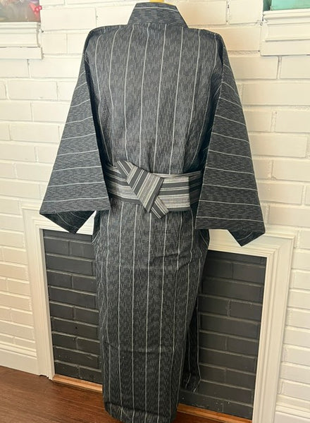 Japanese Men's Yukata 4-Piece Set – Dark Charcoal Stripe with Pre-tied Kaku Obi, Kinchaku Bag & Sensu Fan