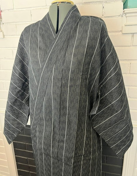 Japanese Men's Yukata 4-Piece Set – Dark Charcoal Stripe with Pre-tied Kaku Obi, Kinchaku Bag & Sensu Fan