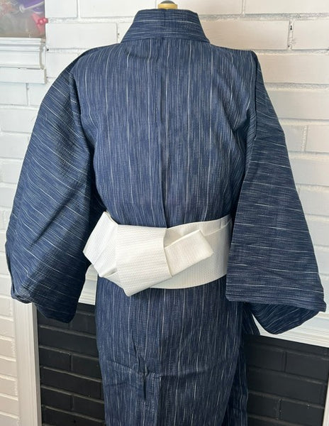 Japanese Men's Yukata Set – Deep Navy Stripe with White Flat-woven Kaku Obi, Size L