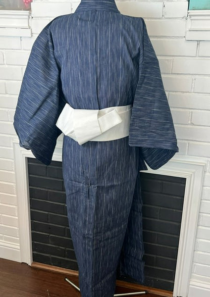 Japanese Men's Yukata Set – Deep Navy Stripe with White Flat-woven Kaku Obi, Size L