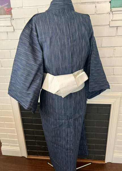 Japanese Men's Yukata Set – Deep Navy Stripe with White Flat-woven Kaku Obi, Size L