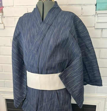 Japanese Men's Yukata Set – Deep Navy Stripe with White Flat-woven Kaku Obi, Size L