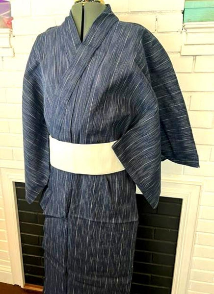 Japanese Men's Yukata Set – Deep Navy Stripe with White Flat-woven Kaku Obi, Size L