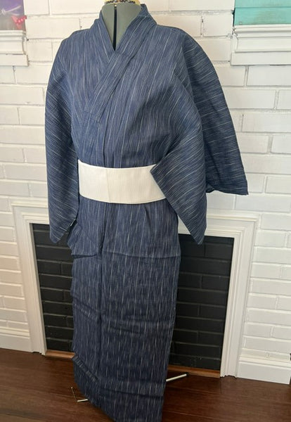 Japanese Men's Yukata Set – Deep Navy Stripe with White Flat-woven Kaku Obi, Size L