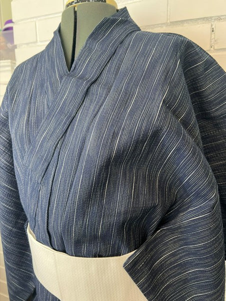 Japanese Men's Yukata Set – Deep Navy Stripe with White Flat-woven Kaku Obi, Size L