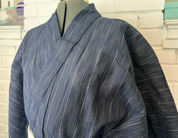 Japanese Men's Yukata Set – Deep Navy Stripe with White Flat-woven Kaku Obi, Size L