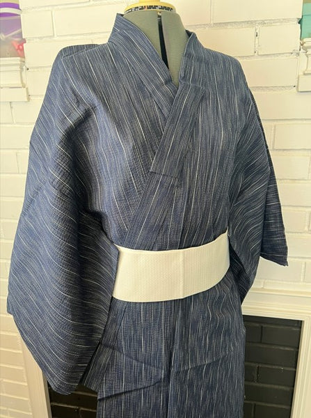 Japanese Men's Yukata Set – Deep Navy Stripe with White Flat-woven Kaku Obi, Size L
