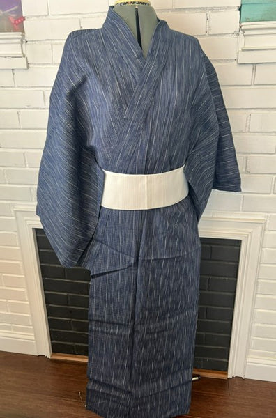 Japanese Men's Yukata Set – Deep Navy Stripe with White Flat-woven Kaku Obi, Size L