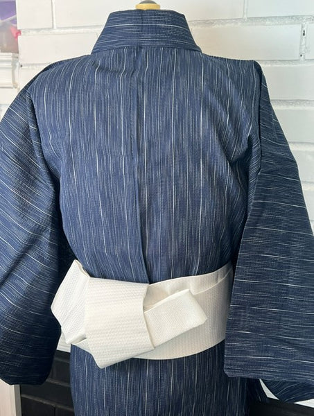 Japanese Men's Yukata Set – Deep Navy Stripe with White Flat-woven Kaku Obi, Size L
