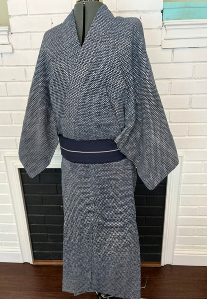 Japanese Vintage Yukata – Navy Dot Pattern, Men's Cotton Kimono, Petite Size, Hand-Sewn