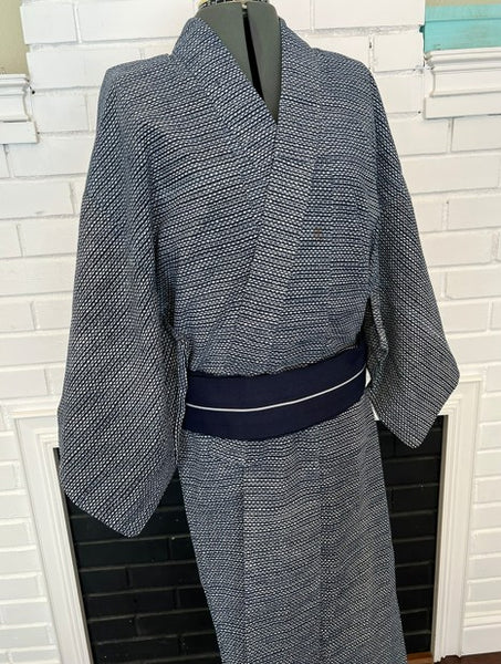 Japanese Vintage Yukata – Navy Dot Pattern, Men's Cotton Kimono, Petite Size, Hand-Sewn