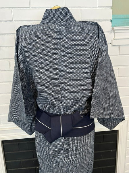 Japanese Vintage Yukata – Navy Dot Pattern, Men's Cotton Kimono, Petite Size, Hand-Sewn