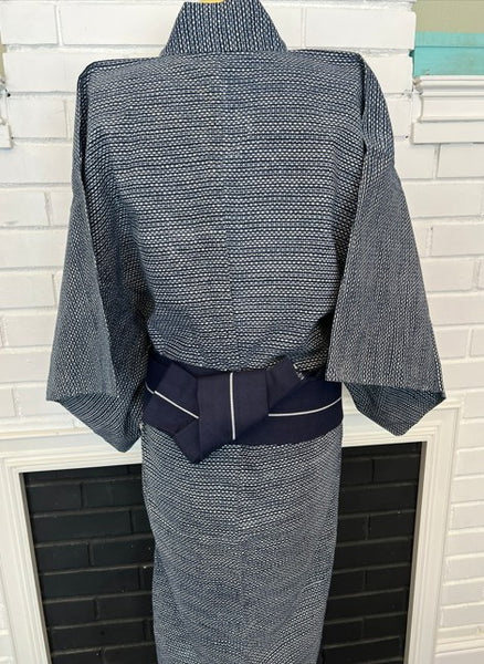 Japanese Vintage Yukata – Navy Dot Pattern, Men's Cotton Kimono, Petite Size, Hand-Sewn