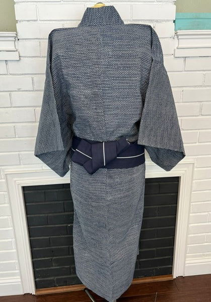 Japanese Vintage Yukata – Navy Dot Pattern, Men's Cotton Kimono, Petite Size, Hand-Sewn