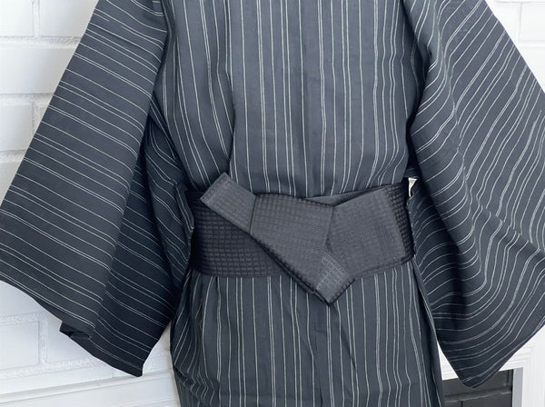 Japanese Men's Yukata 5-Piece Set – Black Pinstripe, Size M-L (Kaku Obi, Drawstring Bag, Fan, Koshihimo)