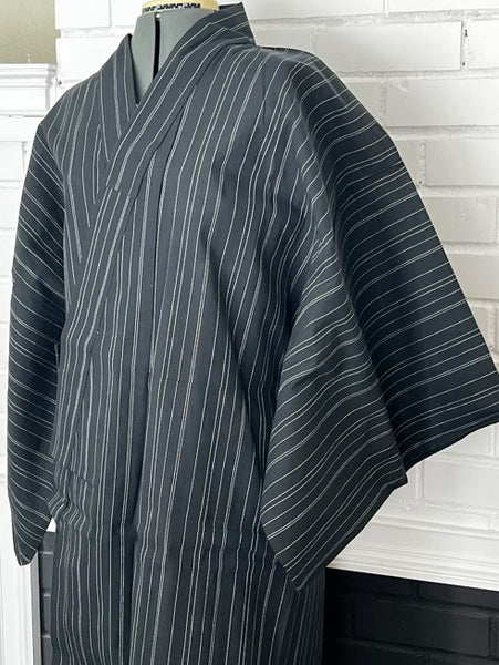 Japanese Men's Yukata 5-Piece Set – Black Pinstripe, Size M-L (Kaku Obi, Drawstring Bag, Fan, Koshihimo)