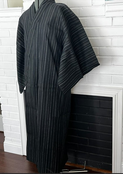 Japanese Men's Yukata 5-Piece Set – Black Pinstripe, Size M-L (Kaku Obi, Drawstring Bag, Fan, Koshihimo)