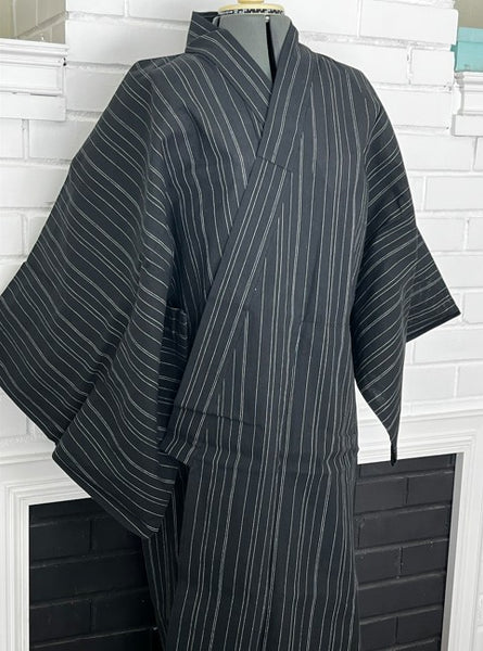 Japanese Men's Yukata 5-Piece Set – Black Pinstripe, Size M-L (Kaku Obi, Drawstring Bag, Fan, Koshihimo)