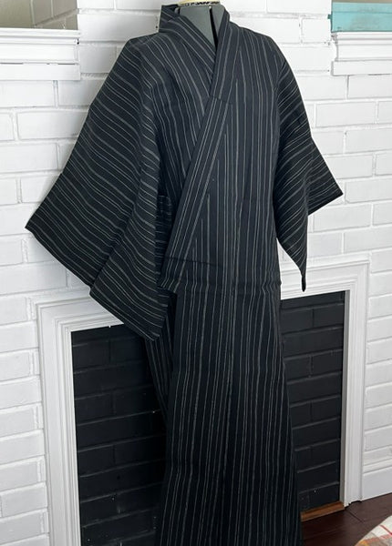 Japanese Men's Yukata 5-Piece Set – Black Pinstripe, Size M-L (Kaku Obi, Drawstring Bag, Fan, Koshihimo)
